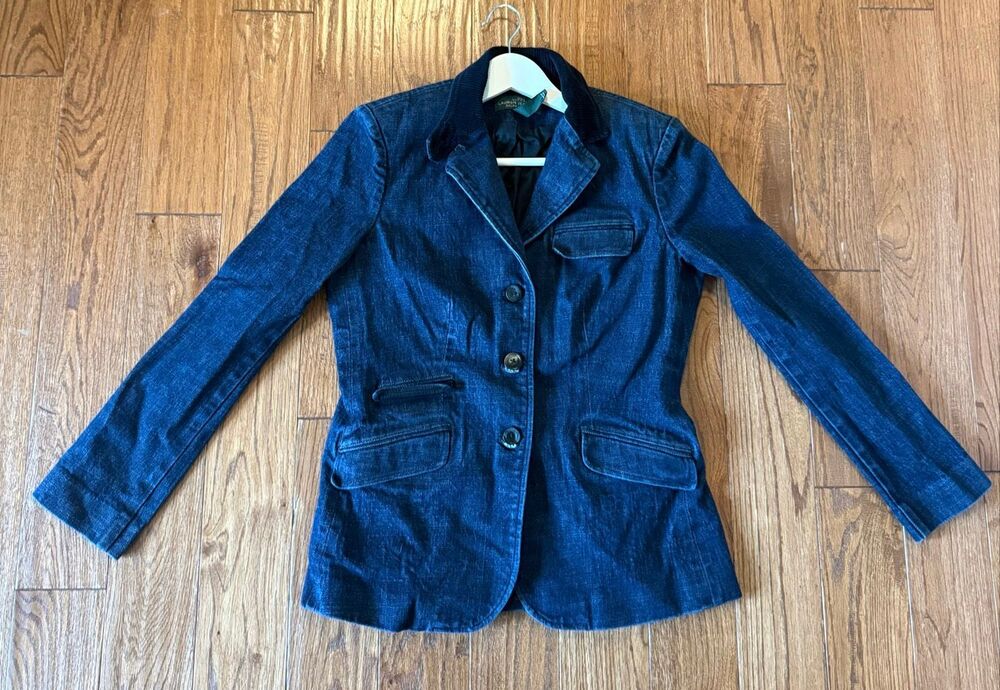 LRL Lauren Ralph Lauren denim blazer corduroy collar size 8 - Picture 5 of 6